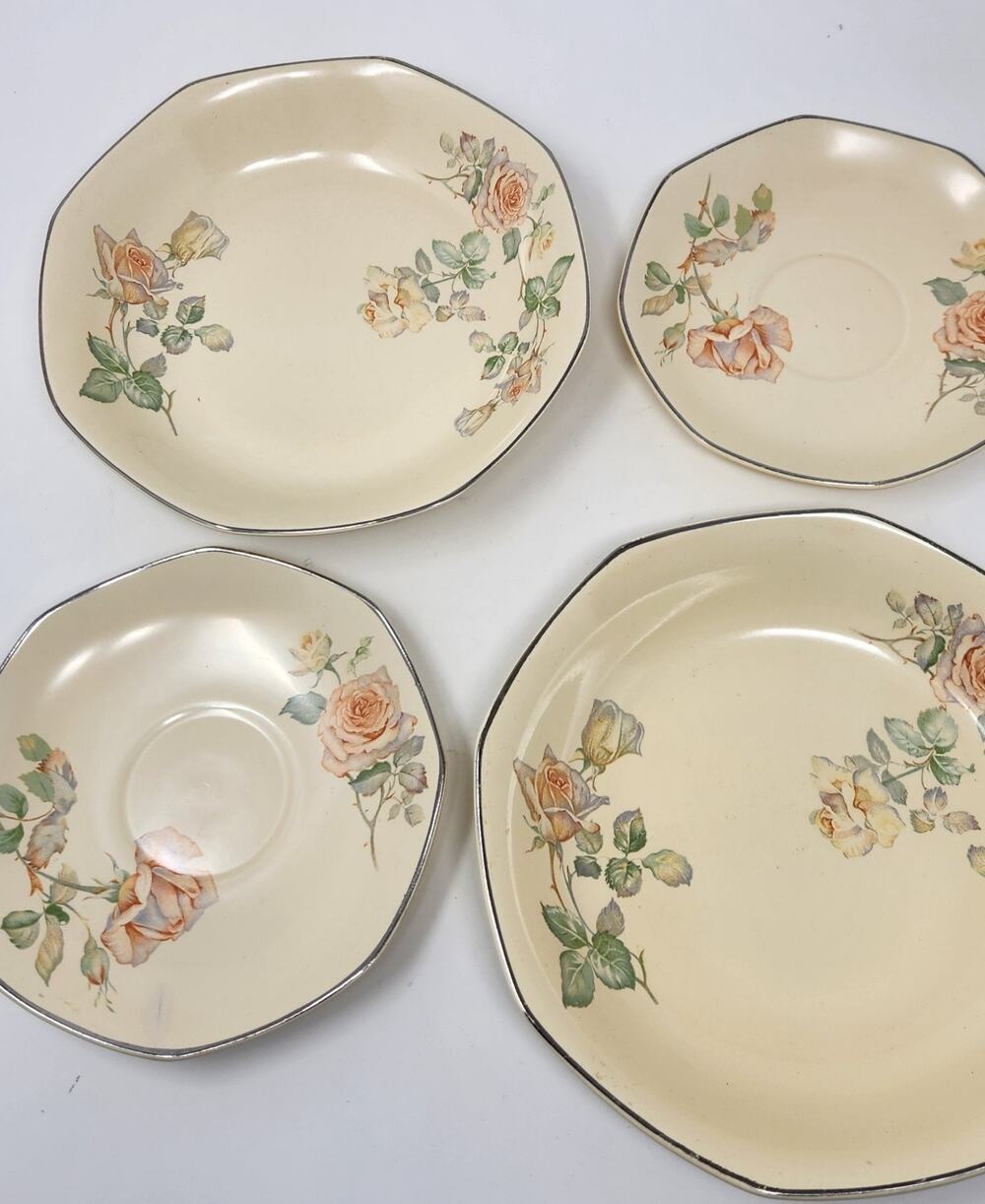 Homer Laughlin Two Cereal Bowls And Octagonal Side Plates Yellowstone Pink Rose